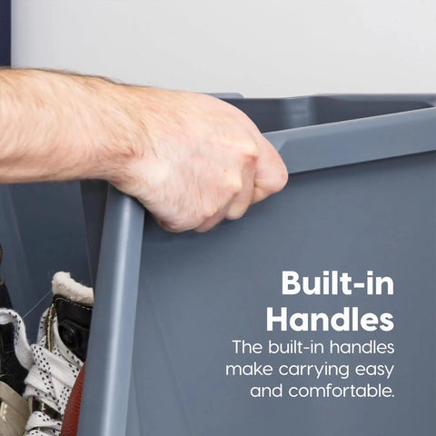 Hand gripping a built-in handle of Six Pack Dark Gray Open Front Storage Totes With Oversized Handles Built Like A Tank.