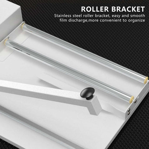 Pro Grade Manual Shrink Wrap Machine With Heat Sealer And Cutter featuring stainless steel roller bracket for smooth film discharge.