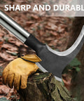 Person holding High Manganese Steel Double Scythe With Wooden Handle For Outdoor Weeding And Grass Mowing on tree stump