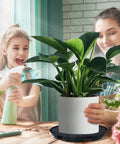 Two people using Automatic Irrigation Planter Base Pro Grade With Self Watering Pot Tray System indoors, promoting reliable water supply.