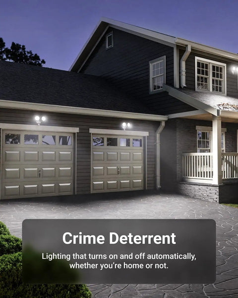 Two Pack PAR38 LED Flood Light Bulbs With Automatic Dusk To Dawn Sensor, E26 Medium Base, 15 Watt Equals 120 Watt, Non Dimmable Outdoor Security Spotlights illuminate a driveway.