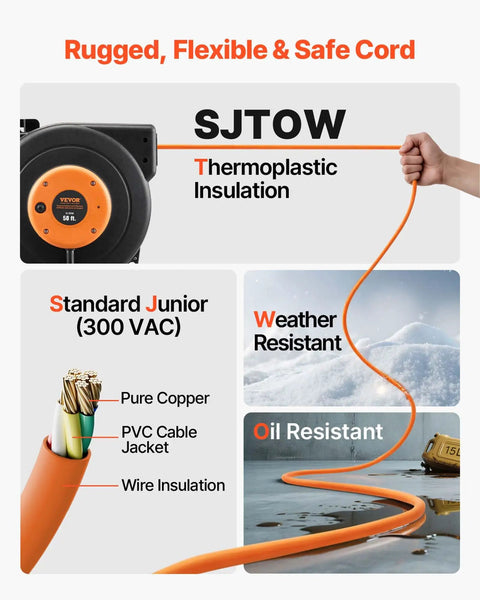 Beefy 50 Ft Retractable Extension Cord Reel With 14 AWG SJTOW Cord showing its flexibility, weather, and oil resistance.
