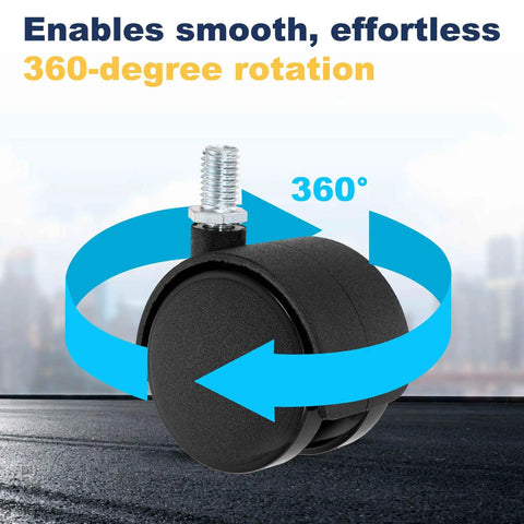 Four Pack Two Inch Swivel Caster Wheels Fitted With M6x15mm Threaded Stems, showing smooth 360-degree rotation capability.