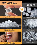 Comparison of nugget ice and regular ice with text highlighting soft, crunchy, slow-melting, and tooth-friendly features.
