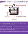 Diagram showing common causes of CDI failure, indicating trigger, ignition coil, grounding, and AC magneto stator.