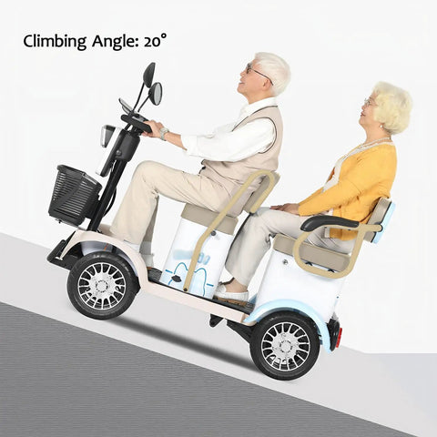 Four Passenger Electric Golf Cart For Adults Delivers A Kick Back Cruise Vibe With Hassle Free Steering, inclined with two riders.