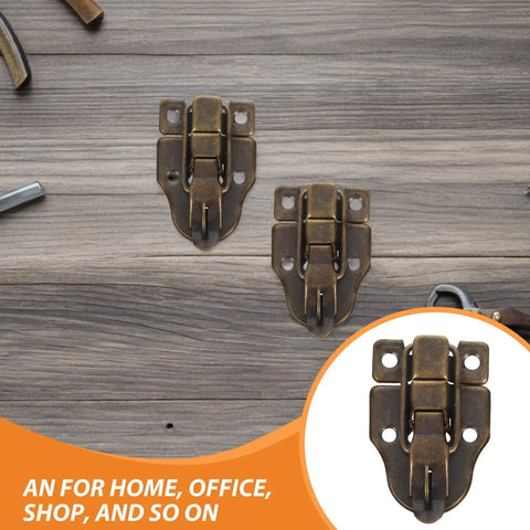 Get These 12 Pc Antique Toggle Hasp Locks For Wood Boxes And Jewelry Cases close-up of olive green latches on wooden surface.