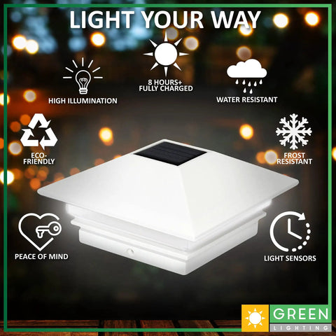 Gala Solar Powered LED Post Cap Lights 4 Pack For 4x4 Wood And PVC Posts with illumination and features displayed.
