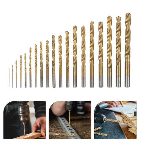 Kick Butt 19 Piece Cobalt Steel Drill Bit Set With Impact Resistant Twisted Bits And Titanium Coating Perfect For Heavy Duty Metal Drilling Jobs That Need Precision And Raw Power In Your Workshop. 19-piece gold drill bit set arranged by size