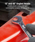 Wrench from 14 Piece Angle Head SAE Wrench Set With Full Polish Chrome Vanadium CRV in use, showing 15 and 60 degree angled head.