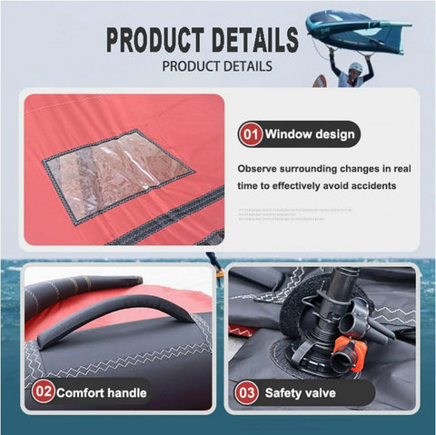 Inflatable Surf Wing For Kitesurfing And Wind Foil Handheld Water Wing For Adults And Beginners Durable TPU Coated Polyester Quick Setup Ideal For Outdoor Fun And Water Play Rad Red with comfort handle and safety valve