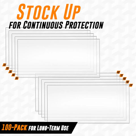 Top Shelf 2X4 Clear Welding Lens Covers 100 Pack For Pipeliner Helmets showing stacked lens sheets for easy replacement.