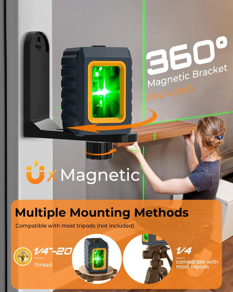 Front view of 100 Foot Green Line Laser Level With Magnetic Bracket Self Leveling And Pulse Modes for DIY projects.