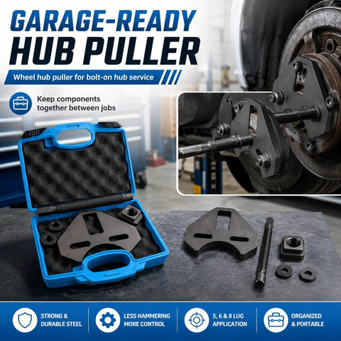Shop Grade Wheel Bearing Hub Removal Tool And Puller For 5 6 8 Lug Setups With Heavy Duty Forcing Screw in a blue case.