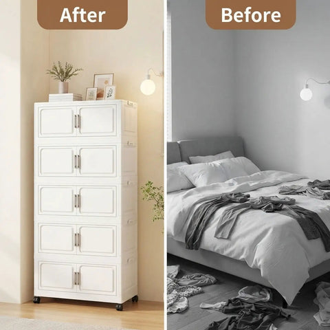 Huge Six Pack Modular Stackable Storage Cubes With Rollers And Lids Collapsible Foldable Container Bins For Closets Bedrooms before and after organization.