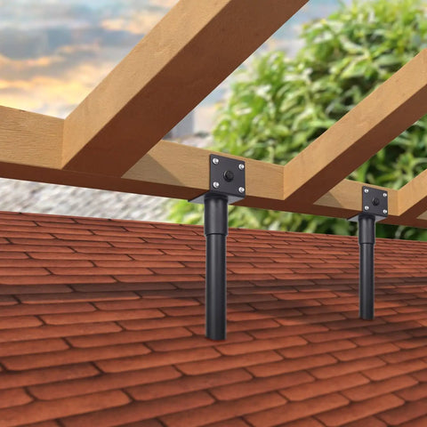 Rock Solid Heavy Duty Pergola Brackets Kick Up Your Backyard Vibes With These Three Point Six Inch Saddle Roof Risers showcasing saddle roof risers on a wooden pergola.