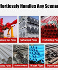 Natural gas, galvanized, firefighting, plastic, aluminum, water, and iron pipes displayed for heavy duty use.