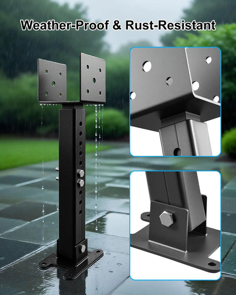 Rock Solid Roof Riser Bracket Kit With Fully Adjustable Deck Post Saddles for 4x4 and 4x6 wooden posts, rust-resistant black steel construction.