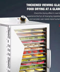 Pro Grade Electric Food Dehydrator With 6, 8, Or 12 Layer Racks, thickened glass, showing dry fruits and vegetables inside
