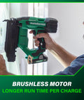 User holding 18V MultiVolt Brushless Compact Cordless Brad Nailer Kit with 2.0Ah battery against a trim, showcasing pro-grade tool use.