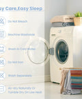 Laundry room with washing machine displaying care instructions for Grounding Sheets For Earthing, Gray Queen Size Fitted Bed Sheet.