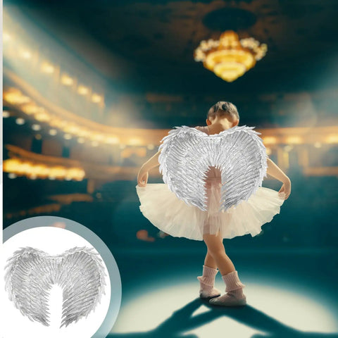 Child on stage wearing epic white angel wings with silver foil, perfect for dramatic performances and cosplay events.