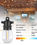 Outdoor LED String Lights 48ft Waterproof Patio Party Lights With Shatterproof Bulbs IP65 shown with bulb dimensions and specs