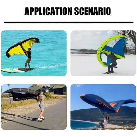 Portable Windsurfing Inflatable Wing with Window for Easy Water Fun, showcasing versatile use on water, land, and snow.