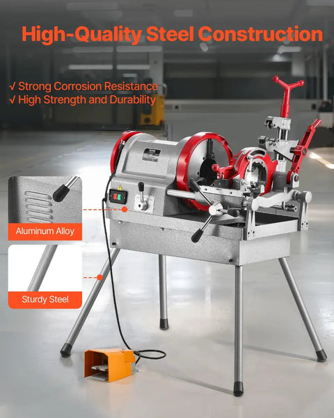 Three In One Do It All Electric Pipe Threader Machine, 750W Power with sturdy steel construction and foot pedal for stability.