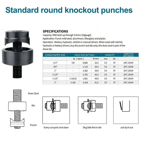Specifications for Standard Round Knockout Punches with diagram and table for Knockout Hole Punch Driver Kit With Six Dies 22.5-61.5mm.