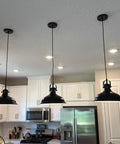 Three Pack Industrial Pendant Lights Black Metal Finish in modern kitchen, vintage chandelier for farmhouse decor, fully dimmable