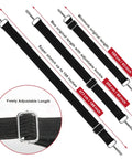 Black Adjustable Bungee Cords With Hooks Set 80 Inch Heavy Duty Elastic Straps With Metal Buckle Length Adjustment for moving cargo, four cords with adjustable lengths shown.