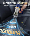 Cordless Car Handheld Vacuum Cleaner With 16000Pa Suction Brushless Motor And HEPA Filter Ultra Lightweight And Compact For Cars And Office No Cords Quick Cleanups Easy Empty Dust Cup Blue in use on car seat demonstrating 16000Pa suction power.