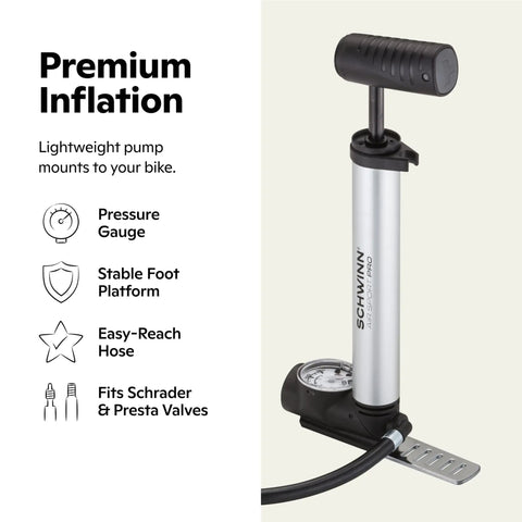 Silver portable frame pump with dual head for Schrader and Presta, black pressure gauge and frame mount attachment on beige background.