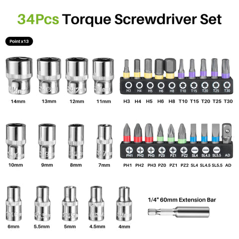 Beefy 35-Piece Torque Screwdriver Set, 10 to 80 In-Lb Range, Pro-Grade Gunsmithing and Maintenance Kit for Firearms, Bikes, RC, Automotive, Electronics, and Scope Adjustments. 34-piece bit and socket set with 1/4 inch extension bar