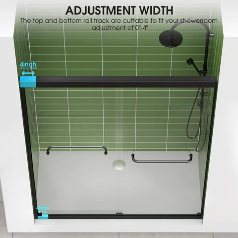Double Sliding Glass Shower Door With Smooth Ride And Tight Fit Adjustable 56 To 60 Inches Wide 72 Inches Tall Hardcore Tempered Glass Easy Install Reversible Design Slick Matte Black Frame For Top Shelf Bathrooms showing adjustable rail tracks for a perfect fit.