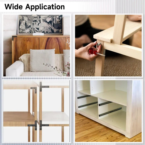 Rock Solid L Shape Corner Braces 20 Count 3.15 Inches Right Angle Metal Brackets supporting various furniture applications.