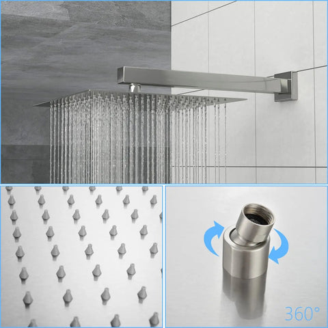 Wall Mounted Square Shower System with Adjustable Flow showing square rain shower head and adjustable connector.