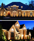 Brick house illuminated by Eight Pack Low Voltage LED Landscape Lights 5W 12V Waterproof Warm White Pathway Garden Yard Spotlights