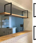 Heavy Duty Ceiling Mount Floating Shelf Brackets 11.8 X 19.7 Inches Black 2 Pack supporting a wooden shelf in a kitchen.