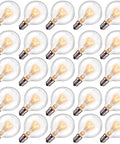 G40 Replacement Bulbs 120V 5W Incandescent Globe Bulbs, 1.5 Inch Clear Globe, C7 or E12 Candelabra Base, Waterproof Outdoor String Lights, Warm White 2200K, 25 Pack for Patio Vibes and Backyard Chill arranged in rows.