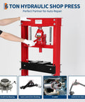 6 ton hydraulic shop press in use, red H-frame, arm pushing lever, labeled auto repair applications shown below