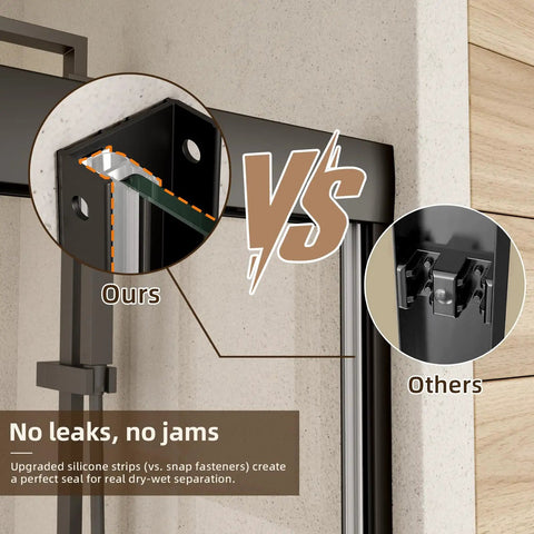 Comparison of sealing mechanisms for Solid Build Matte Black Double Sliding Shower Door 56 To 60 Inches Wide X 70 Tall with silicone strips.