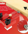 Rock Solid Aluminum Thin Rip Table Saw Jig Guide With Ridiculously Stable Clamping System For Exact Strip Cutting Heavy Duty Woodworking Tool showing roller mechanism for cutting strips.