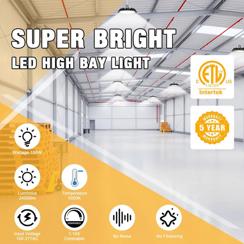 UFO LED High Bay Light 150W Industrial Shop Lighting With 24,000 Lumens, 160 LM Per W, 120 Degree Beam, 1-10V Dimmable, 5ft Cord With Plug
