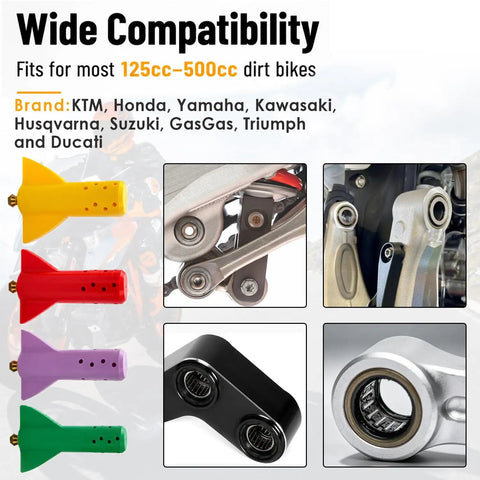 Slick Garage Essential Swingarm Linkage Bearing Grease Tool Kit For Dirt Bike And 125 Cc To 500 Cc Off Road Motorcycle Suspension showing colorful nose pieces.