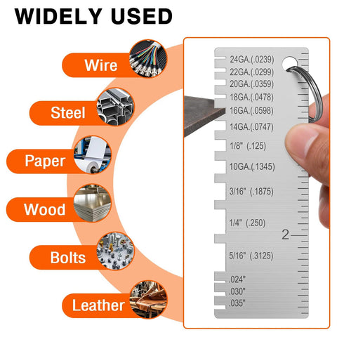 stainless steel thickness gauge with measurement scale for metal sheets, wire, and diverse material use, held for easy inspection