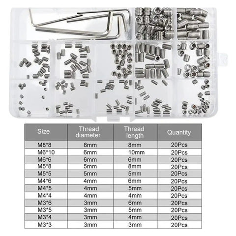 Heavy Duty Badass 240 Piece Hexagon Socket Headless Screws Assortment Kit with stainless steel, organized in a clear case.