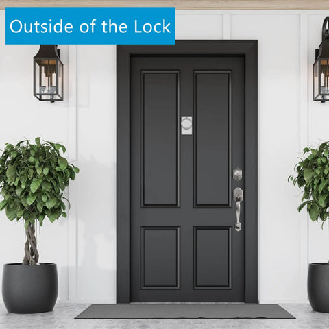 Front Door Handle Set With Deadbolt Lock, Single Cylinder Entry Lockset, Curved Handle, Silver Finish on black door