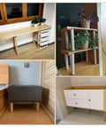 Various furniture pieces using 4 Pack Solid Wood Furniture Legs 9.8 Inch Replacement Legs For Desk, Coffee Table, Sofa, And Cabinet With Mounting Plates And Screws, Tapered Fur Feet Conversion, Durable Modern Look, Easy Install, Killer Upgrade in different settings.